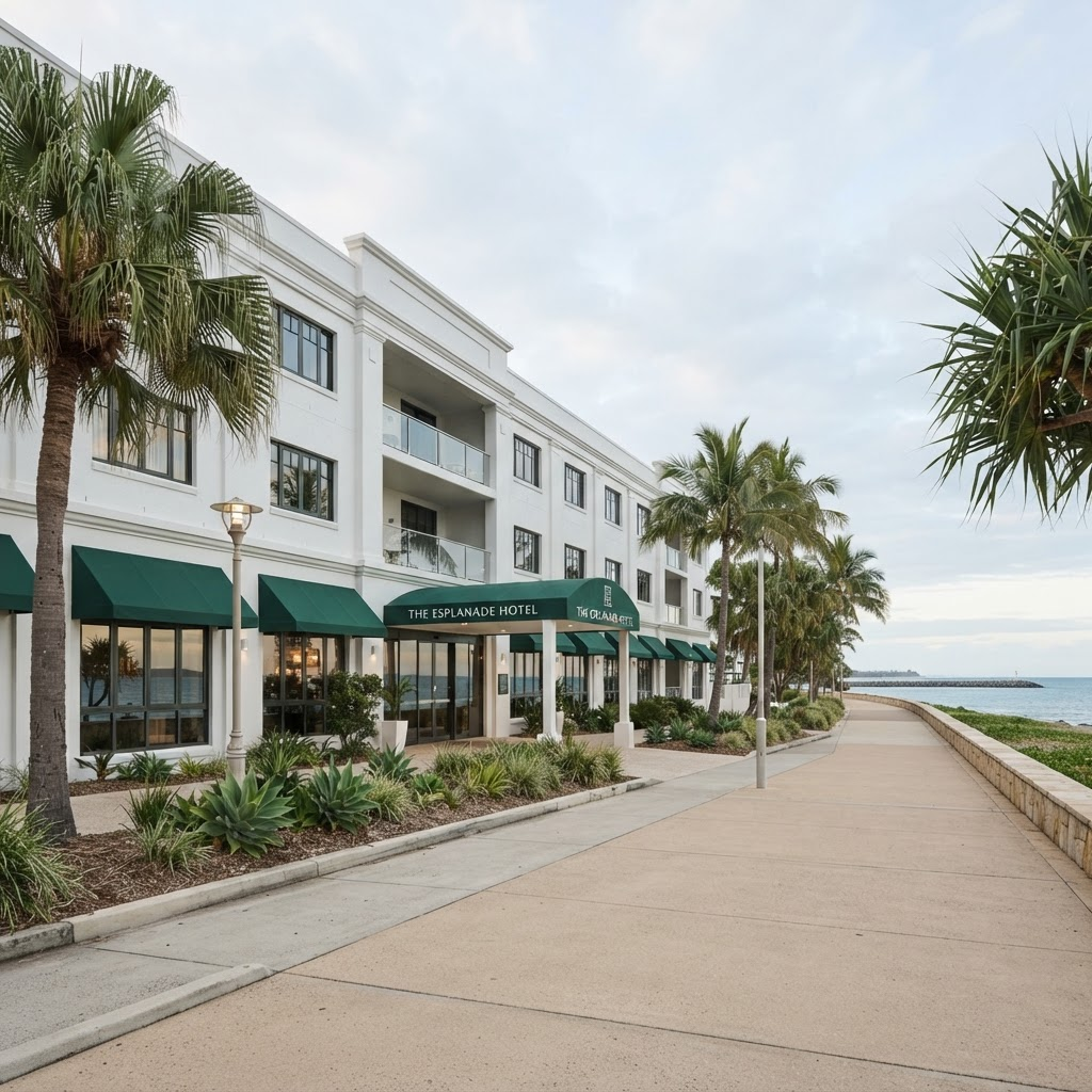Coastal Australian hotel property exterior with deep green awnings