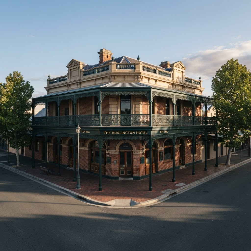 Heritage Australian corner hotel with iron-lace verandah in late afternoon light