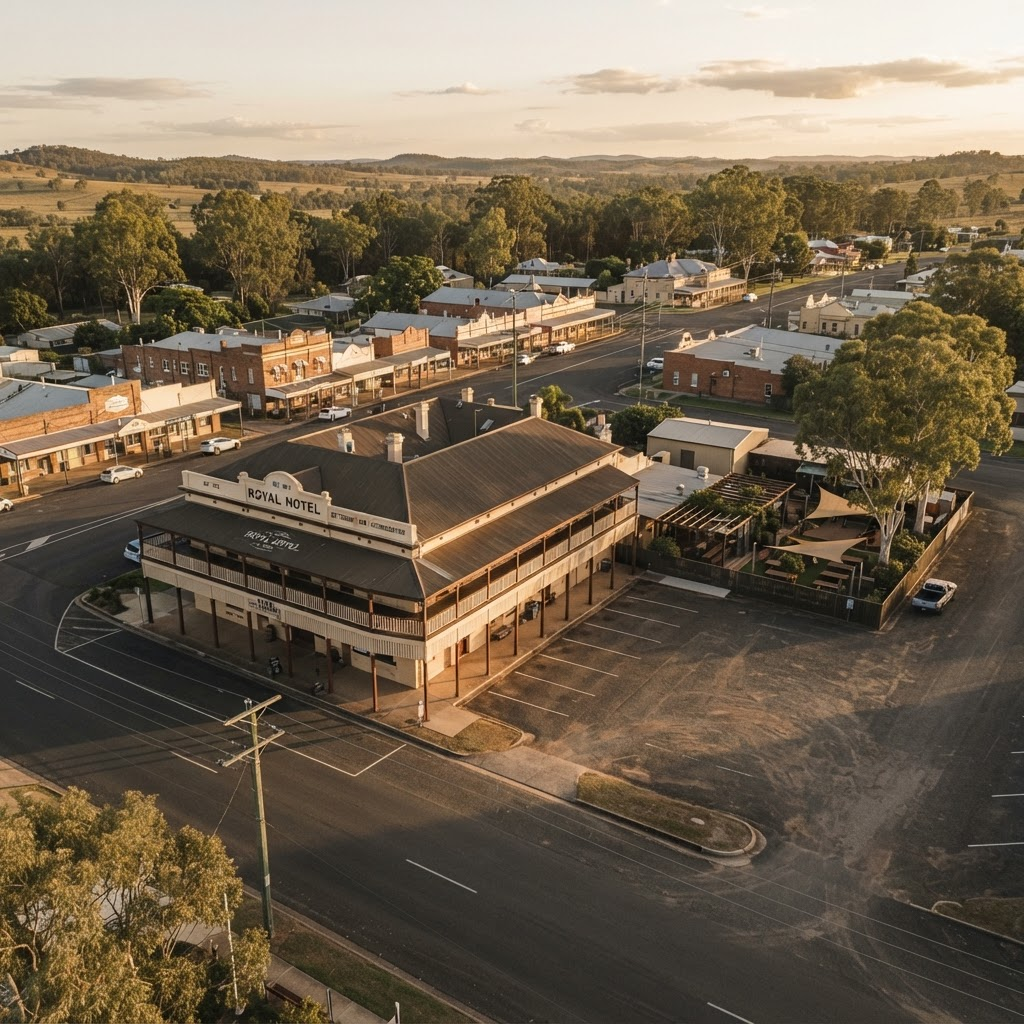 Aerial view of a regional Australian country town hotel freehold with wrap-around verandah