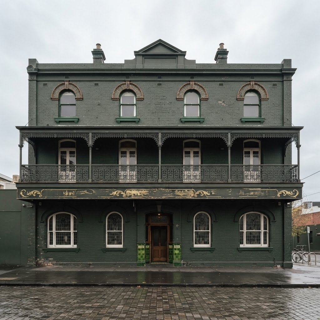 Elevation of an inner-city Australian pub facade with deep green painted brickwork and cast iron balcony