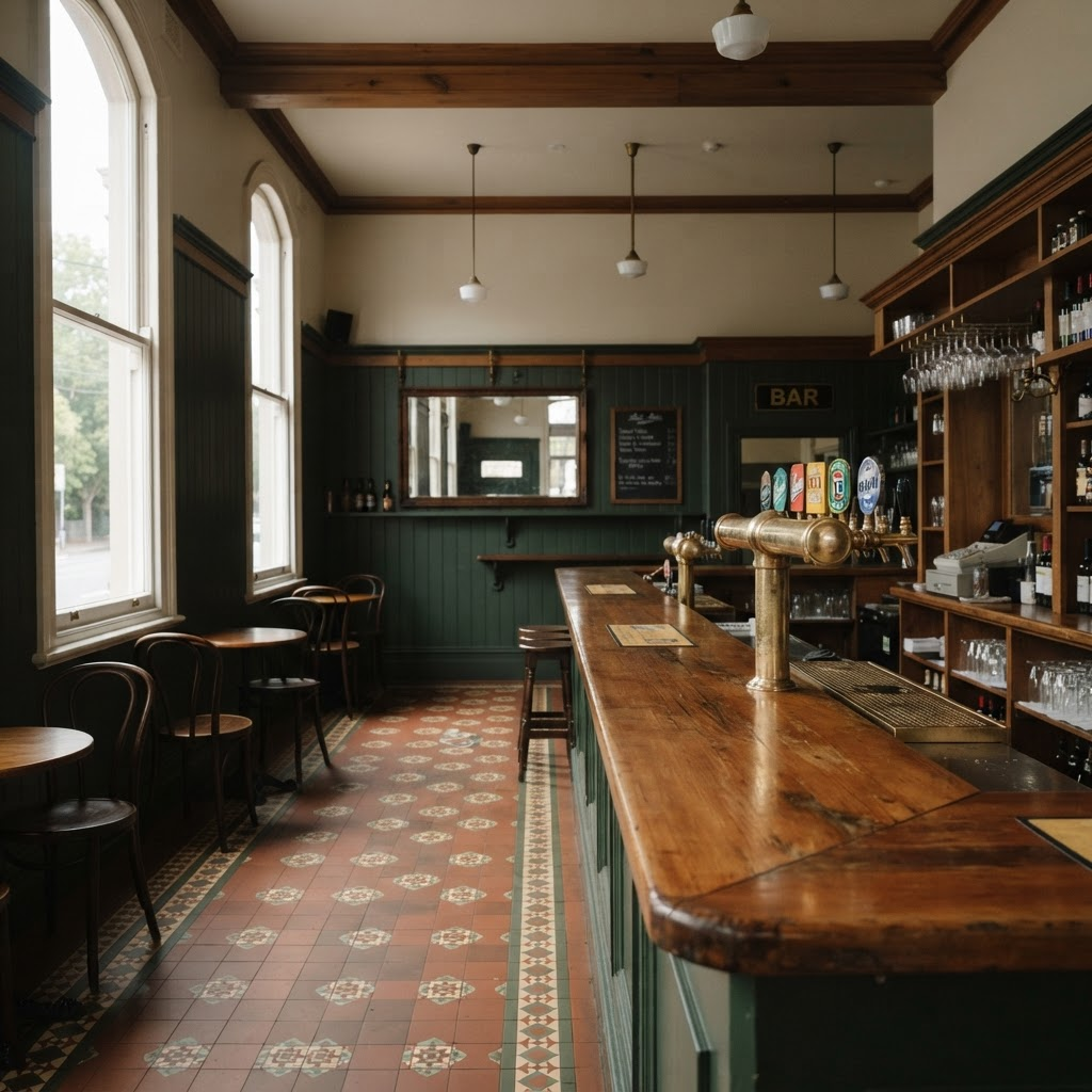 Empty public bar interior with polished timber bar and brass taps before opening